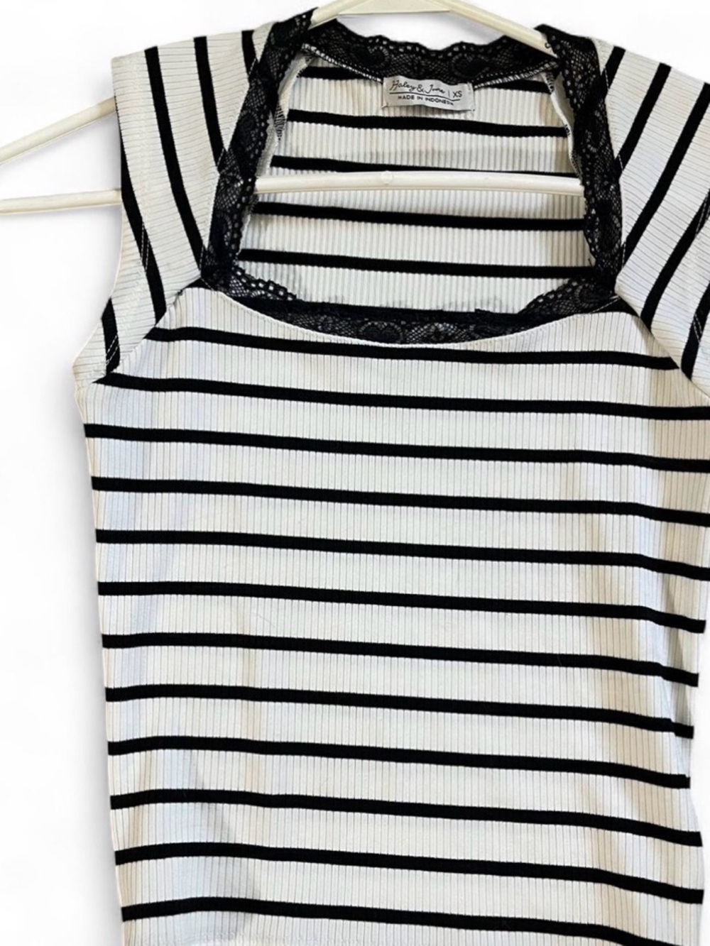 Black & White Striped Square Neck Tank with Lace Trim